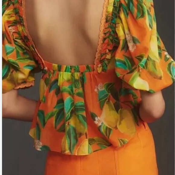 FarmRio Orange Pear Print Puff Sleeve Top NWOT - Picture 3 of 6